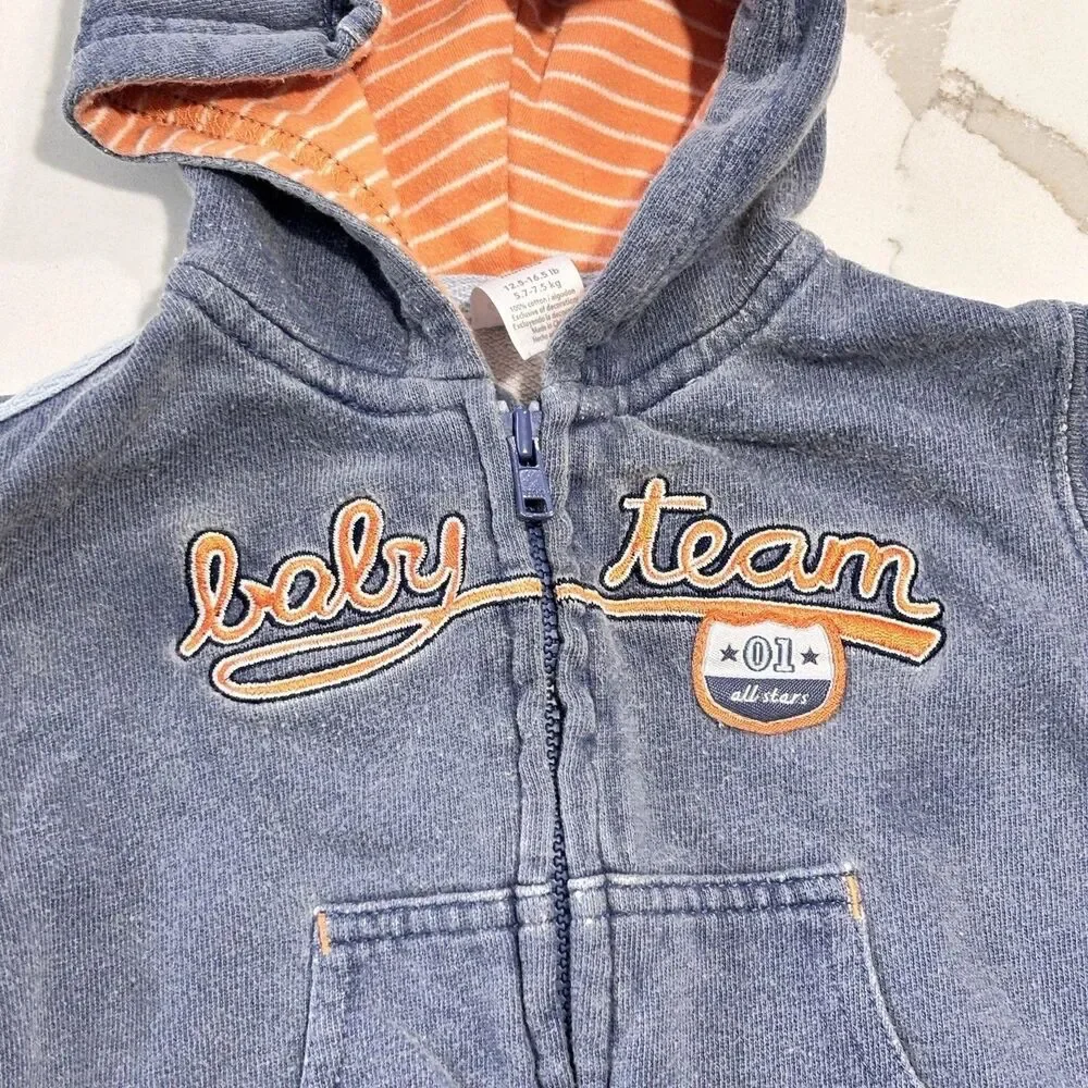 Carter's Infant Baby Boys Blue Orange Full Zip up Team Hoodie Size 6M Sweatshirt